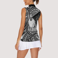 Hawaii King Kamehameha Women Sleeveless Polo Shirt With Hawaiian Ipu Motifs Black Version