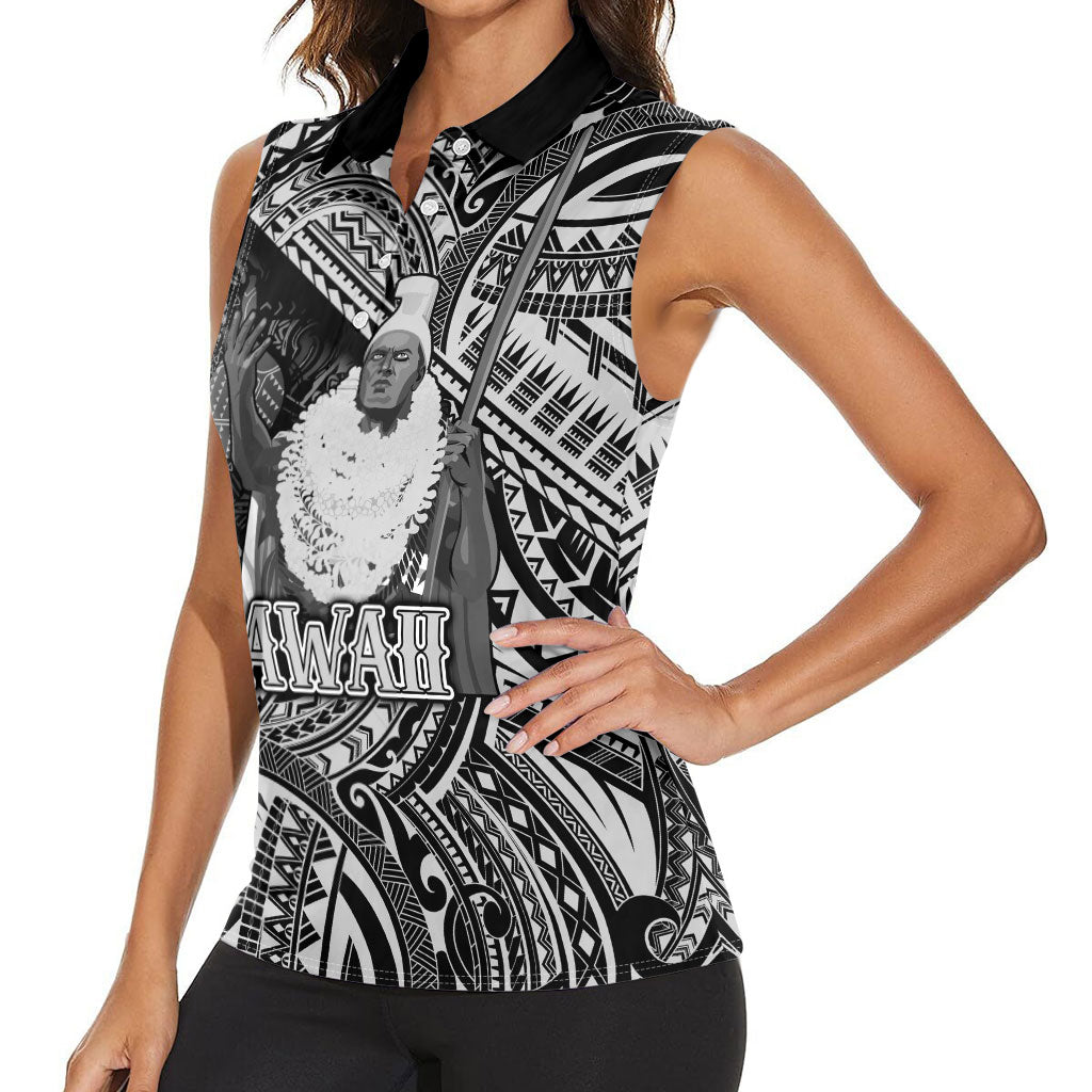 Hawaii King Kamehameha Women Sleeveless Polo Shirt With Hawaiian Ipu Motifs Black Version