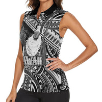 Hawaii King Kamehameha Women Sleeveless Polo Shirt With Hawaiian Ipu Motifs Black Version