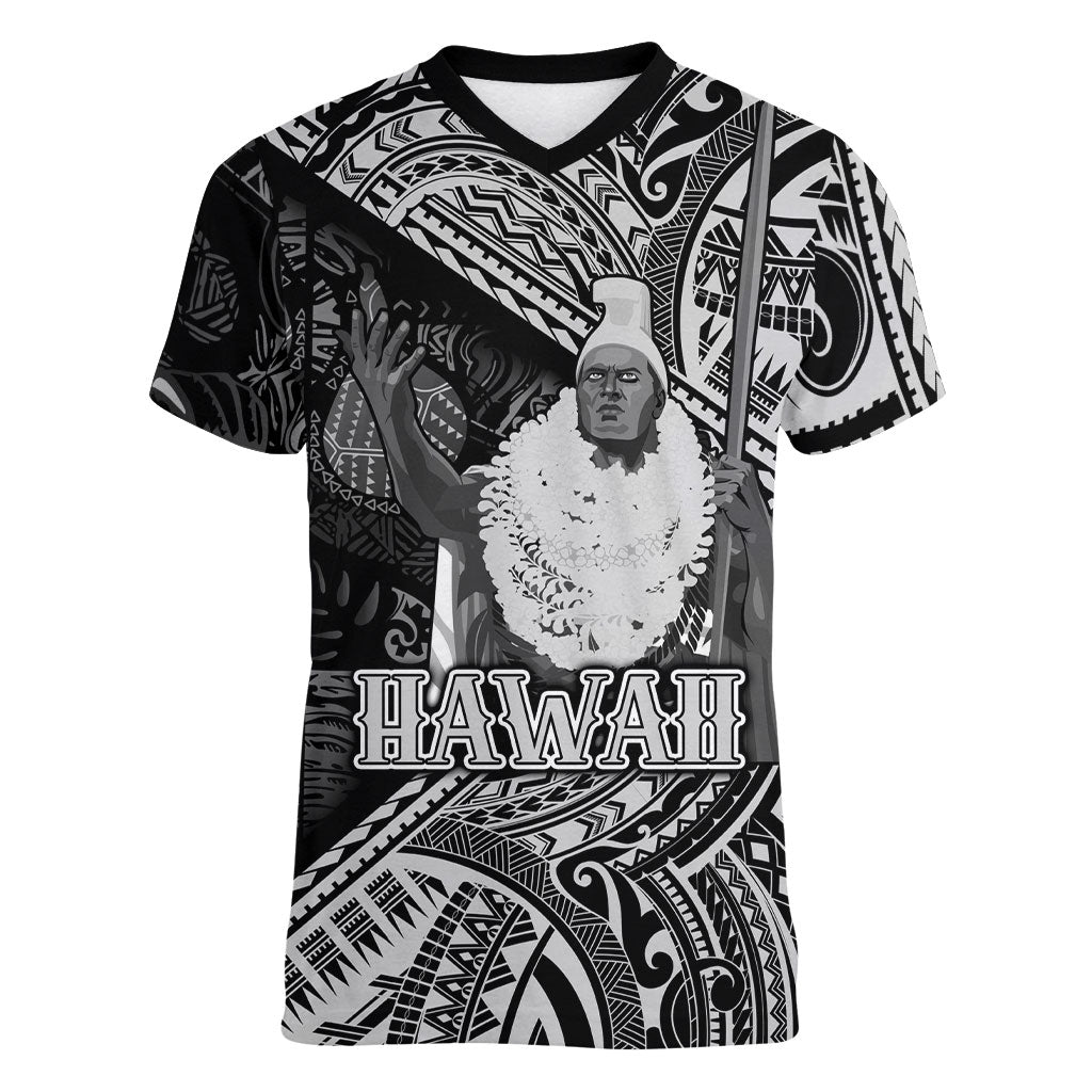 Hawaii King Kamehameha Women V-Neck T-Shirt With Hawaiian Ipu Motifs Black Version