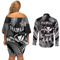 Hawaii Beautiful Hula Dancers Couples Matching Off Shoulder Short Dress and Long Sleeve Button Shirt With Ipu Keke And Pahu Drum