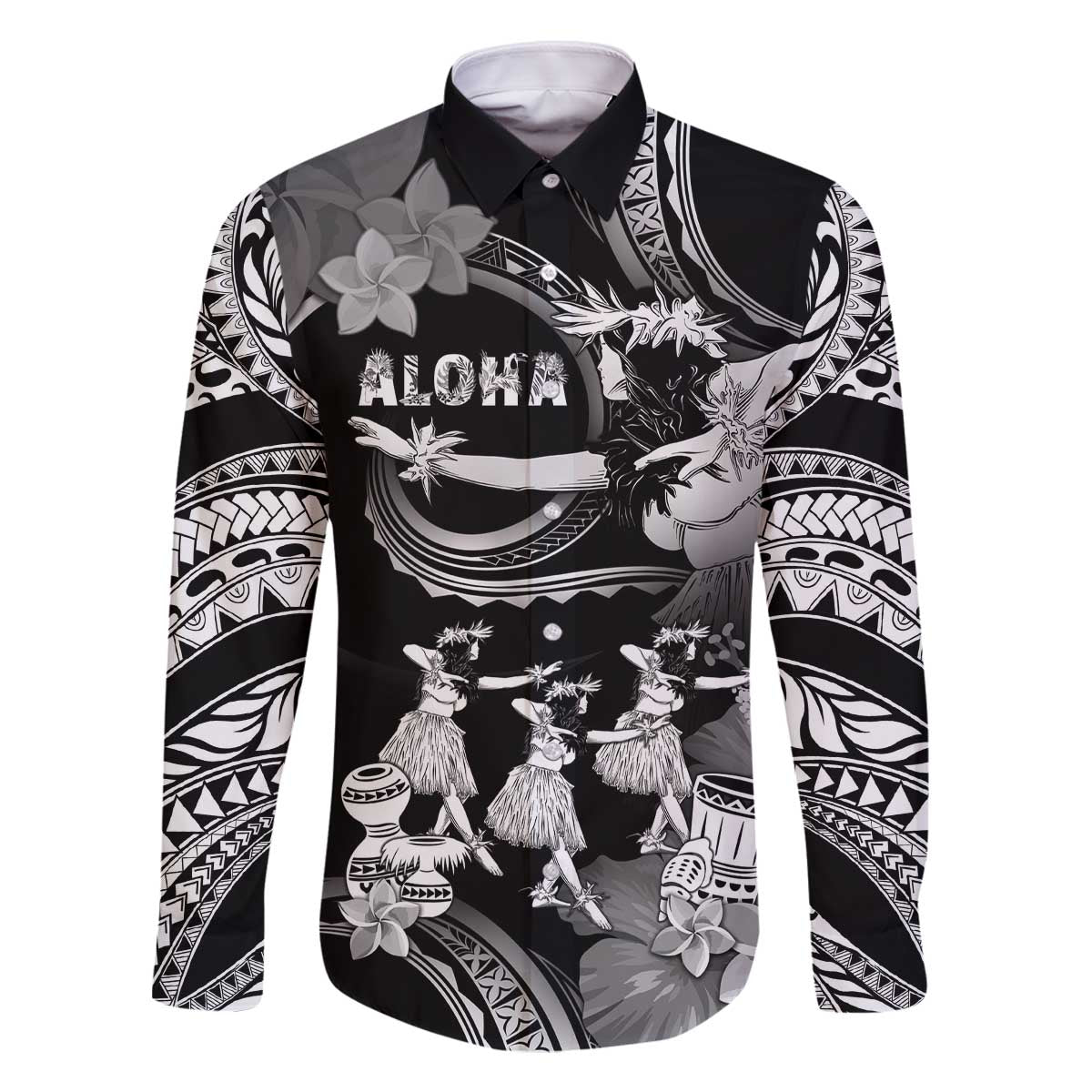 Hawaii Beautiful Hula Dancers Family Matching Off The Shoulder Long Sleeve Dress and Hawaiian Shirt With Ipu Keke And Pahu Drum LT05 Dad's Shirt - Long Sleeve Black - Polynesian Pride