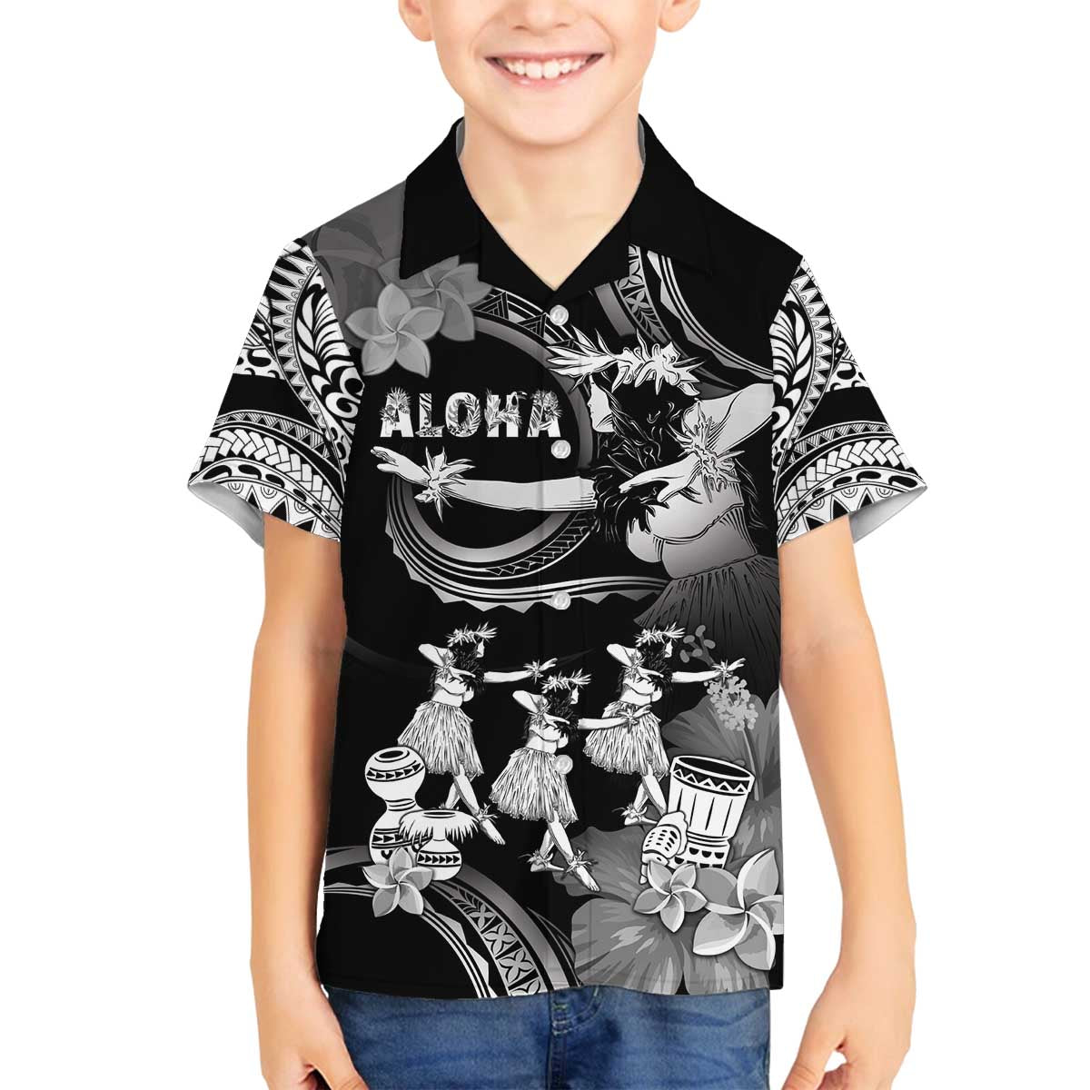 Hawaii Beautiful Hula Dancers Family Matching Off The Shoulder Long Sleeve Dress and Hawaiian Shirt With Ipu Keke And Pahu Drum LT05 Son's Shirt Black - Polynesian Pride