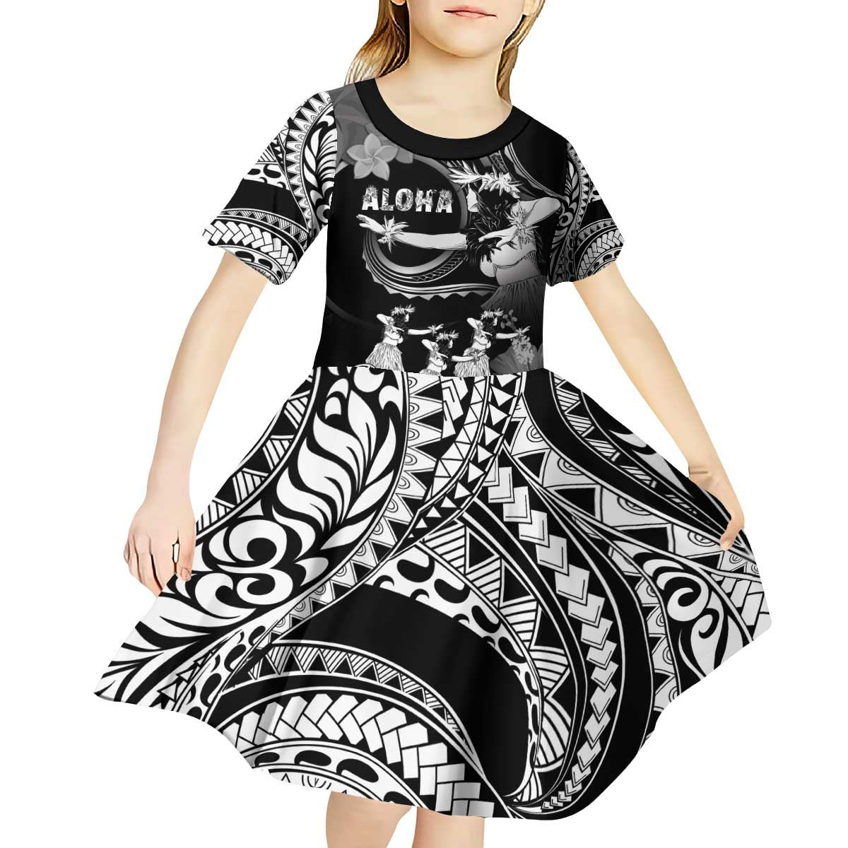 Hawaii Beautiful Hula Dancers Kid Short Sleeve Dress With Ipu Keke And Pahu Drum