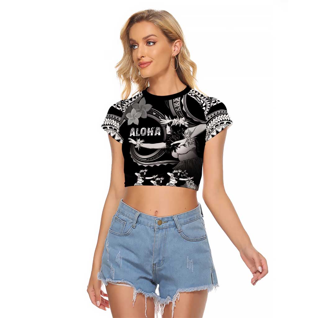 Hawaii Beautiful Hula Dancers Raglan Cropped T Shirt With Ipu Keke And Pahu Drum LT05 Female Black - Polynesian Pride