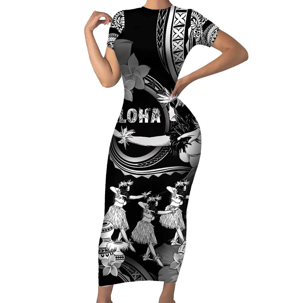 Hawaii Beautiful Hula Dancers Short Sleeve Bodycon Dress With Ipu Keke And Pahu Drum LT05 Long Dress Black - Polynesian Pride