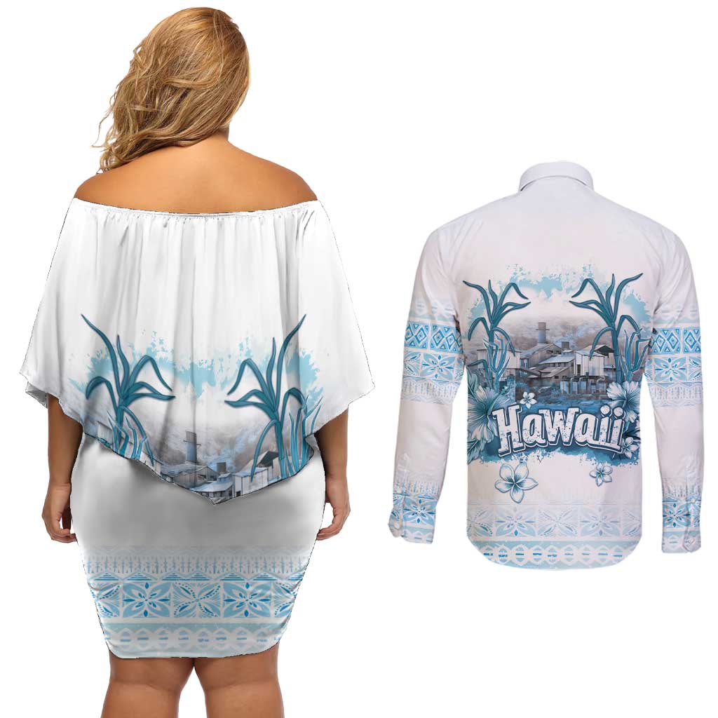 Hawaii Sugar Plantation Couples Matching Off Shoulder Short Dress and Long Sleeve Button Shirt With Hawaiian Tapa Pattern LT05 - Polynesian Pride