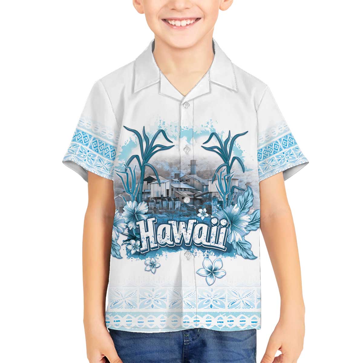 Hawaii Sugar Plantation Family Matching Off The Shoulder Long Sleeve Dress and Hawaiian Shirt With Hawaiian Tapa Pattern LT05 Son's Shirt White - Polynesian Pride