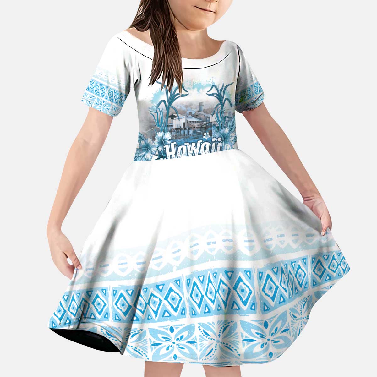 Hawaii Sugar Plantation Kid Short Sleeve Dress With Hawaiian Tapa Pattern