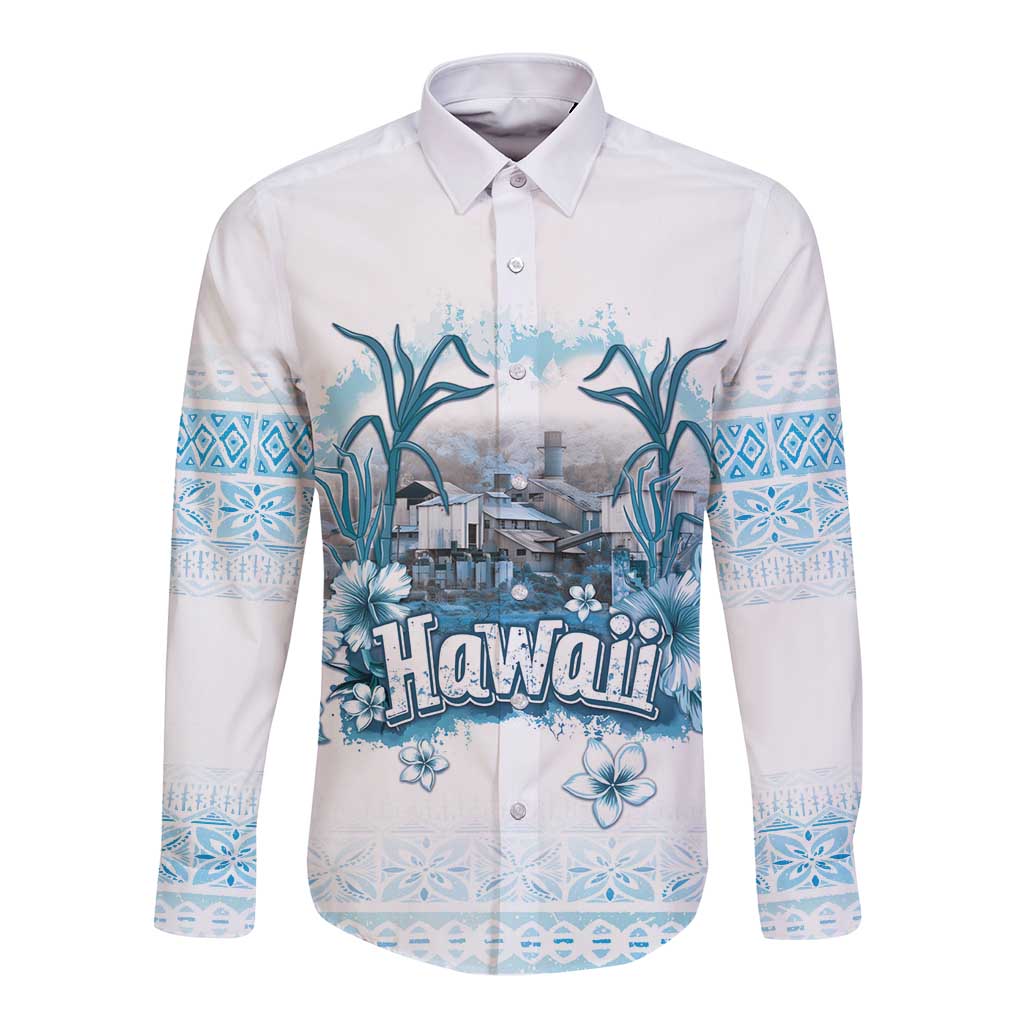 Hawaii Sugar Plantation Long Sleeve Button Shirt With Hawaiian Tapa Pattern LT05 Unisex White - Polynesian Pride