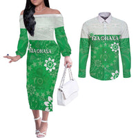 Cook Islands Maori Language Week Couples Matching Off The Shoulder Long Sleeve Dress and Long Sleeve Button Shirt Pacific Tapa Pattern