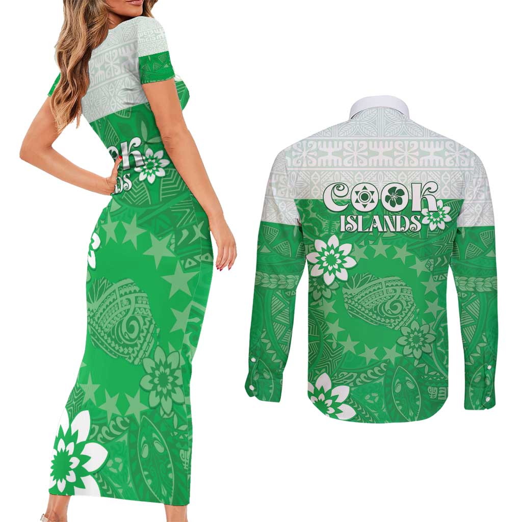 Cook Islands Maori Language Week Couples Matching Short Sleeve Bodycon Dress and Long Sleeve Button Shirt Pacific Tapa Pattern