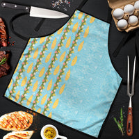 Hawaii Shell Tiare Anthurium Heliconia Lei Apron With Tapa Pattern Baby Blue