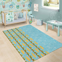 Hawaii Shell Tiare Anthurium Heliconia Lei Area Rug With Tapa Pattern Baby Blue