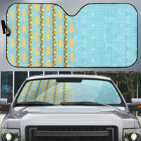 Hawaii Shell Tiare Anthurium Heliconia Lei Auto Sun Shade With Tapa Pattern Baby Blue