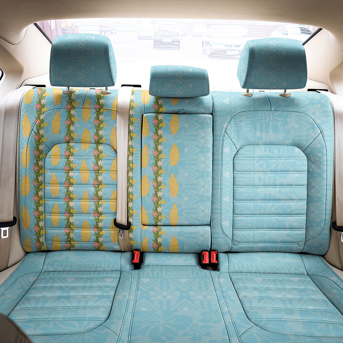 Hawaii Shell Tiare Anthurium Heliconia Lei Back Car Seat Cover With Tapa Pattern Baby Blue