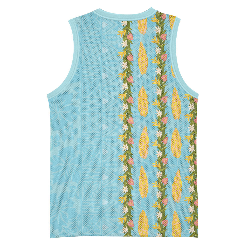 Hawaii Shell Tiare Anthurium Heliconia Lei Basketball Jersey With Tapa Pattern Baby Blue