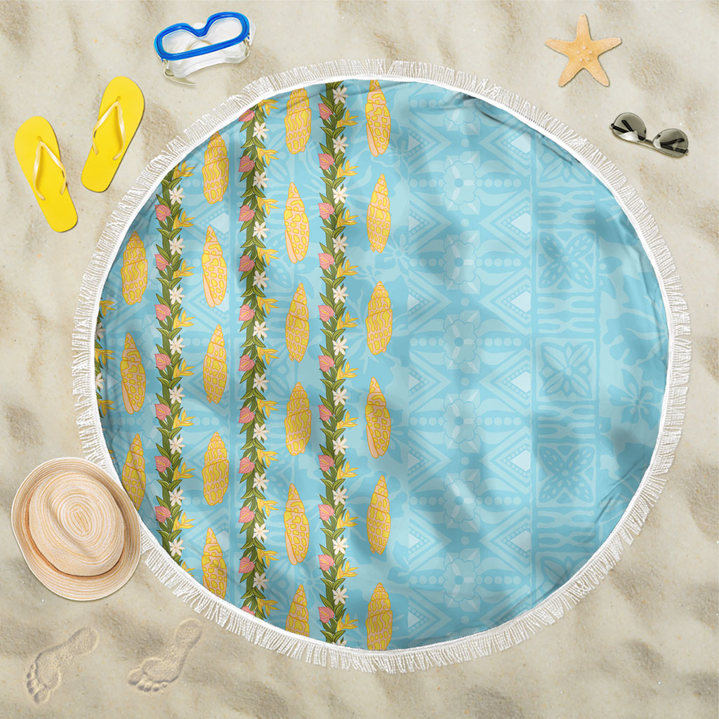 Hawaii Shell Tiare Anthurium Heliconia Lei Beach Blanket With Tapa Pattern Baby Blue