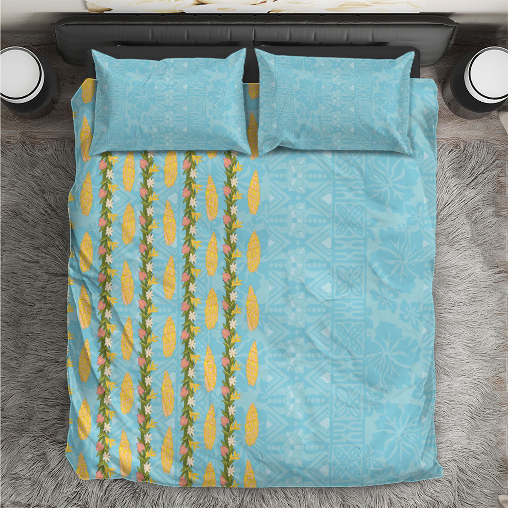 Hawaii Shell Tiare Anthurium Heliconia Lei Bedding Set With Tapa Pattern Baby Blue LT05 Blue - Polynesian Pride