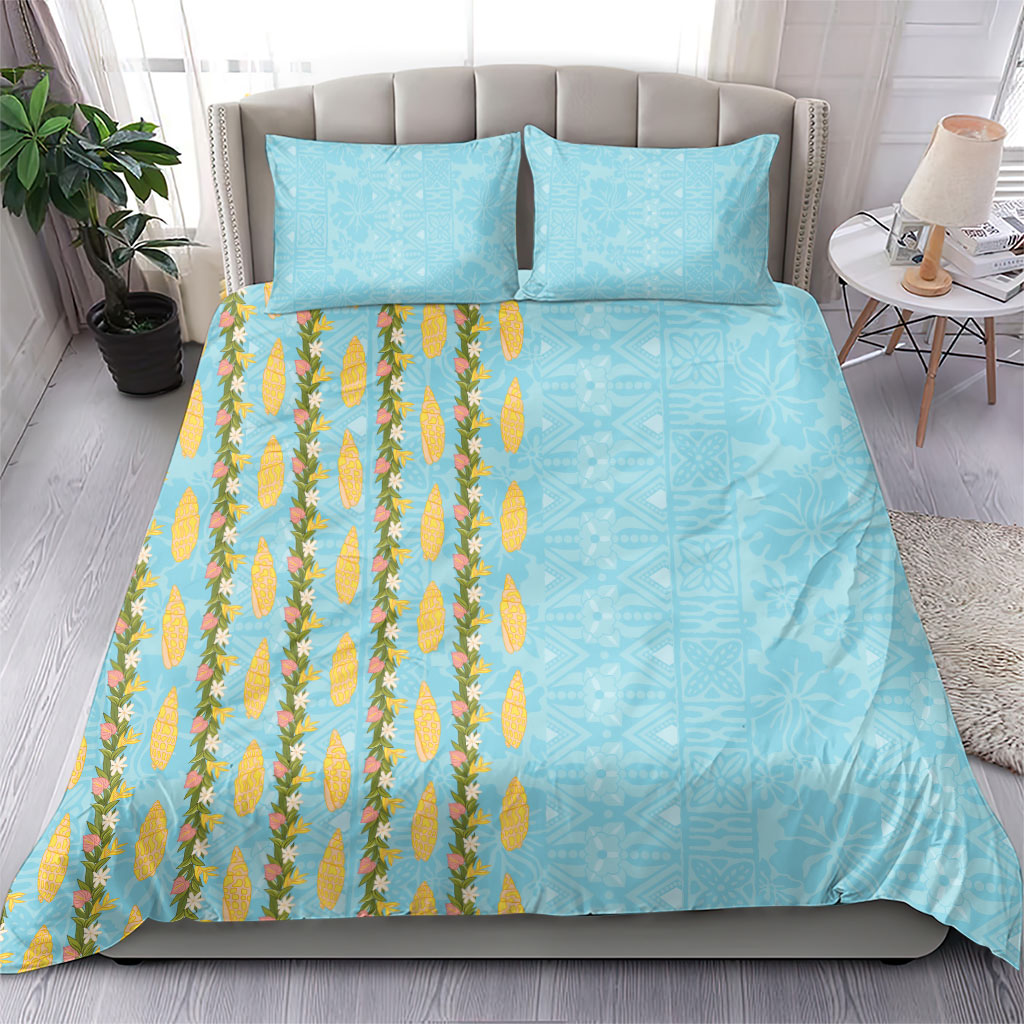 Hawaii Shell Tiare Anthurium Heliconia Lei Bedding Set With Tapa Pattern Baby Blue