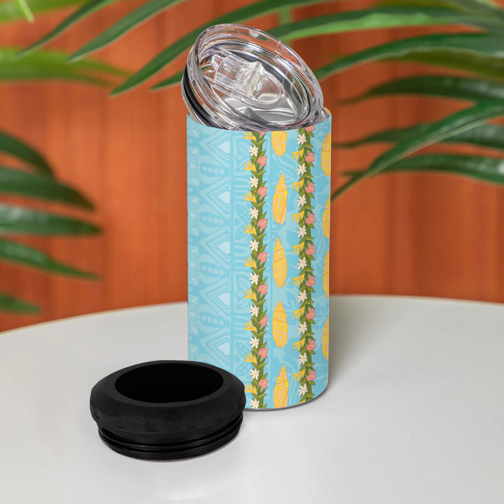 Hawaii Shell Tiare Anthurium Heliconia Lei 4 in 1 Can Cooler Tumbler With Tapa Pattern Baby Blue