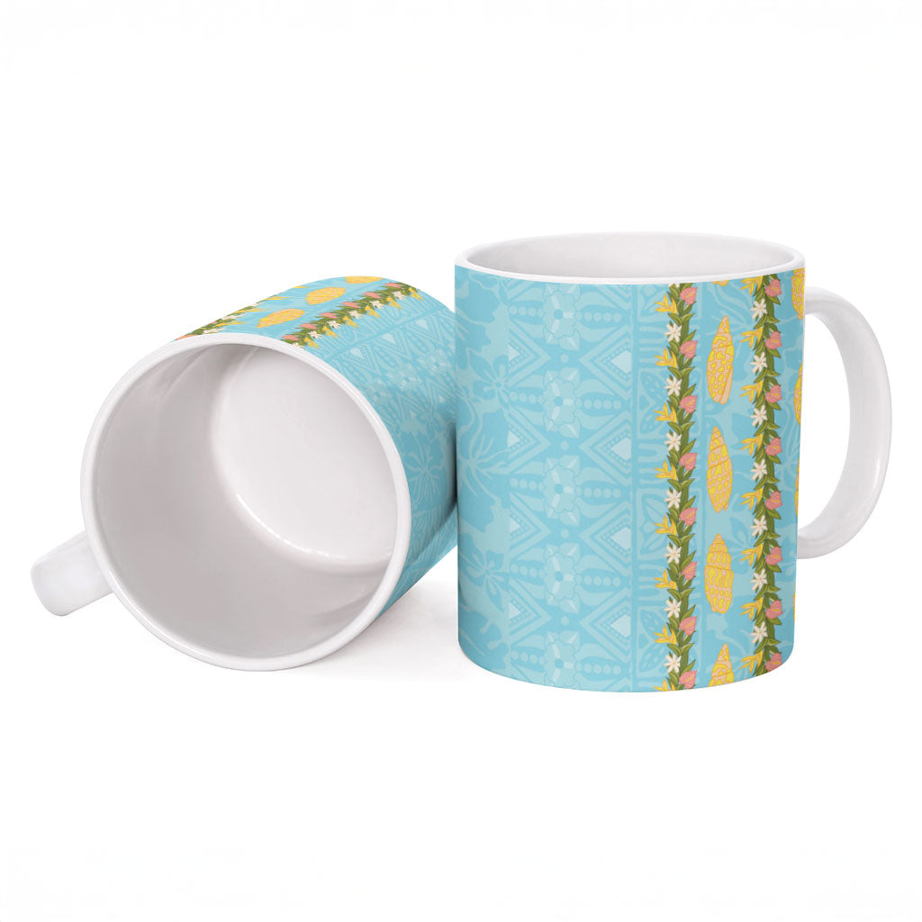 Hawaii Shell Tiare Anthurium Heliconia Lei Ceramic Mug With Tapa Pattern Baby Blue