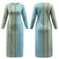 Hawaii Shell Tiare Anthurium Heliconia Lei Couples Matching Long Sleeve Bodycon Dress and Hawaiian Shirt With Tapa Pattern Baby Blue LT05 - Polynesian Pride