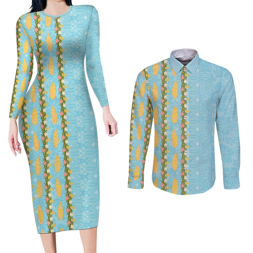 Hawaii Shell Tiare Anthurium Heliconia Lei Couples Matching Long Sleeve Bodycon Dress and Long Sleeve Button Shirt With Tapa Pattern Baby Blue LT05 Blue - Polynesian Pride