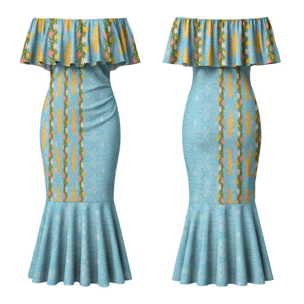 Hawaii Shell Tiare Anthurium Heliconia Lei Couples Matching Mermaid Dress and Hawaiian Shirt With Tapa Pattern Baby Blue LT05 - Polynesian Pride