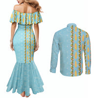 Hawaii Shell Tiare Anthurium Heliconia Lei Couples Matching Mermaid Dress and Long Sleeve Button Shirt With Tapa Pattern Baby Blue