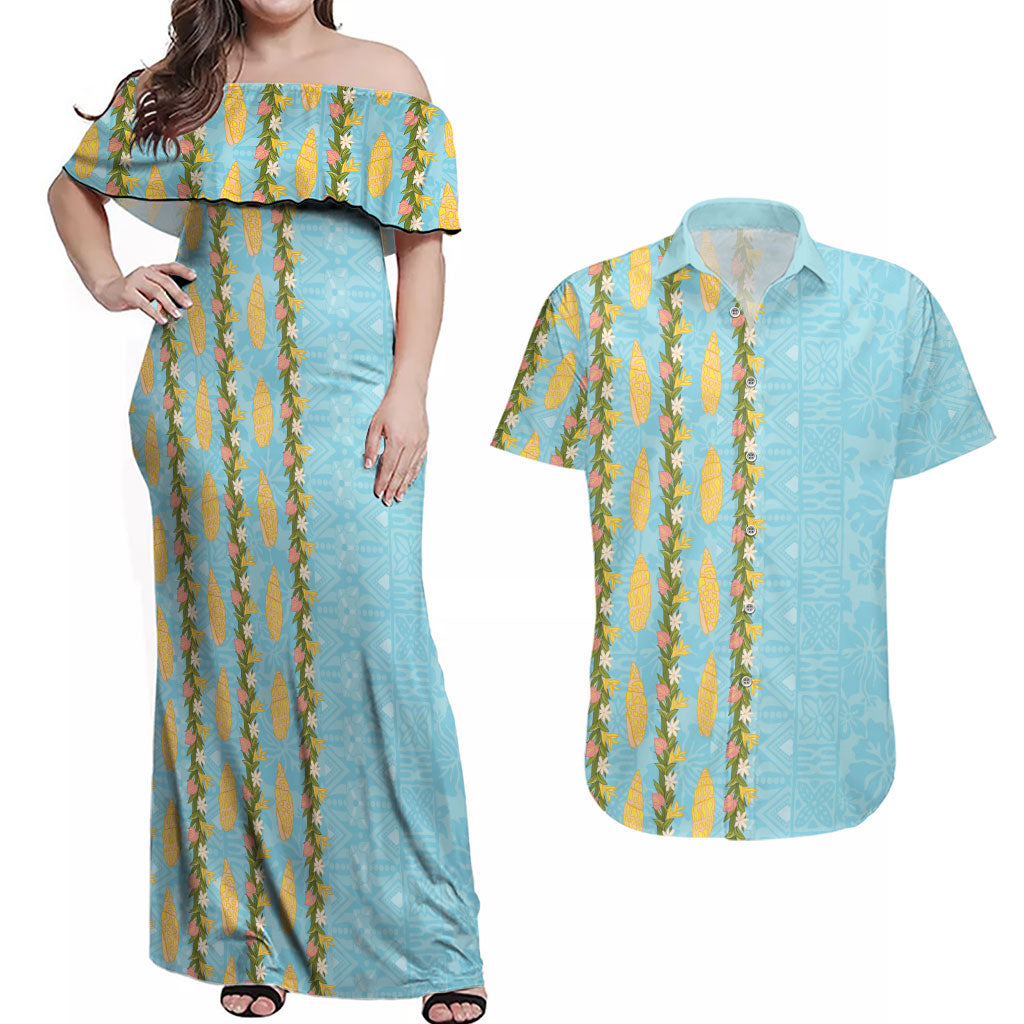 Hawaii Shell Tiare Anthurium Heliconia Lei Couples Matching Off Shoulder Maxi Dress and Hawaiian Shirt With Tapa Pattern Baby Blue LT05 Blue - Polynesian Pride