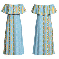 Hawaii Shell Tiare Anthurium Heliconia Lei Couples Matching Off Shoulder Maxi Dress and Hawaiian Shirt With Tapa Pattern Baby Blue LT05 - Polynesian Pride