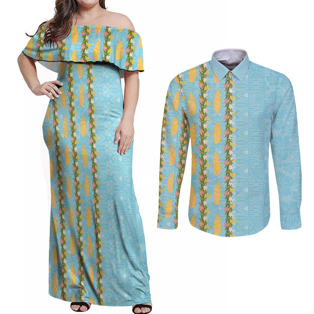 Hawaii Shell Tiare Anthurium Heliconia Lei Couples Matching Off Shoulder Maxi Dress and Long Sleeve Button Shirt With Tapa Pattern Baby Blue LT05 Blue - Polynesian Pride