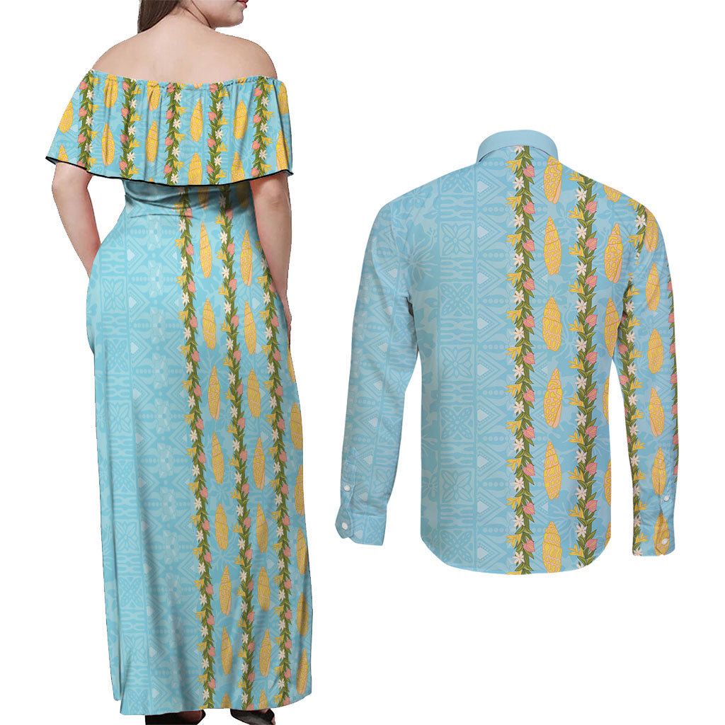 Hawaii Shell Tiare Anthurium Heliconia Lei Couples Matching Off Shoulder Maxi Dress and Long Sleeve Button Shirt With Tapa Pattern Baby Blue
