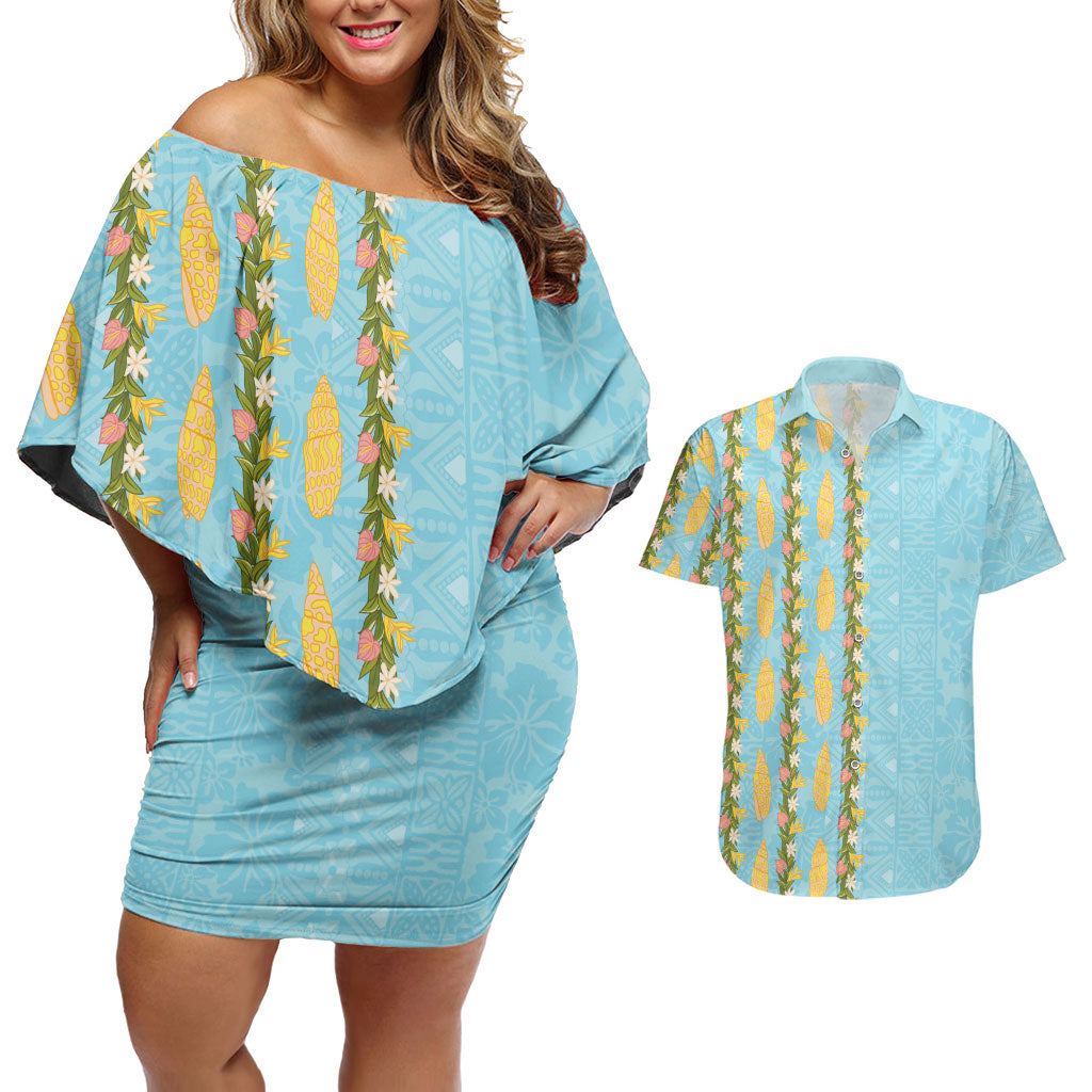 Hawaii Shell Tiare Anthurium Heliconia Lei Couples Matching Off Shoulder Short Dress and Hawaiian Shirt With Tapa Pattern Baby Blue LT05 Blue - Polynesian Pride
