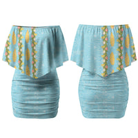Hawaii Shell Tiare Anthurium Heliconia Lei Couples Matching Off Shoulder Short Dress and Long Sleeve Button Shirt With Tapa Pattern Baby Blue LT05 - Polynesian Pride