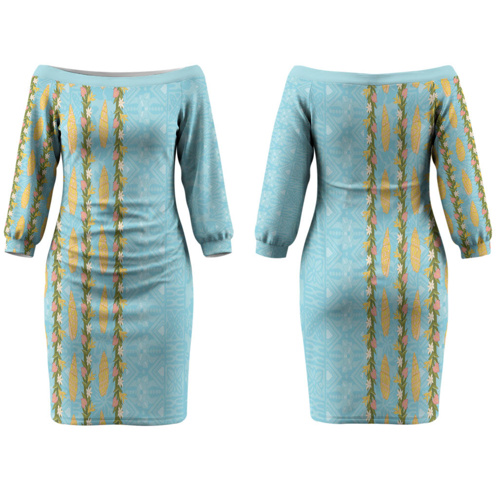 Hawaii Shell Tiare Anthurium Heliconia Lei Couples Matching Off The Shoulder Long Sleeve Dress and Long Sleeve Button Shirt With Tapa Pattern Baby Blue LT05 - Polynesian Pride