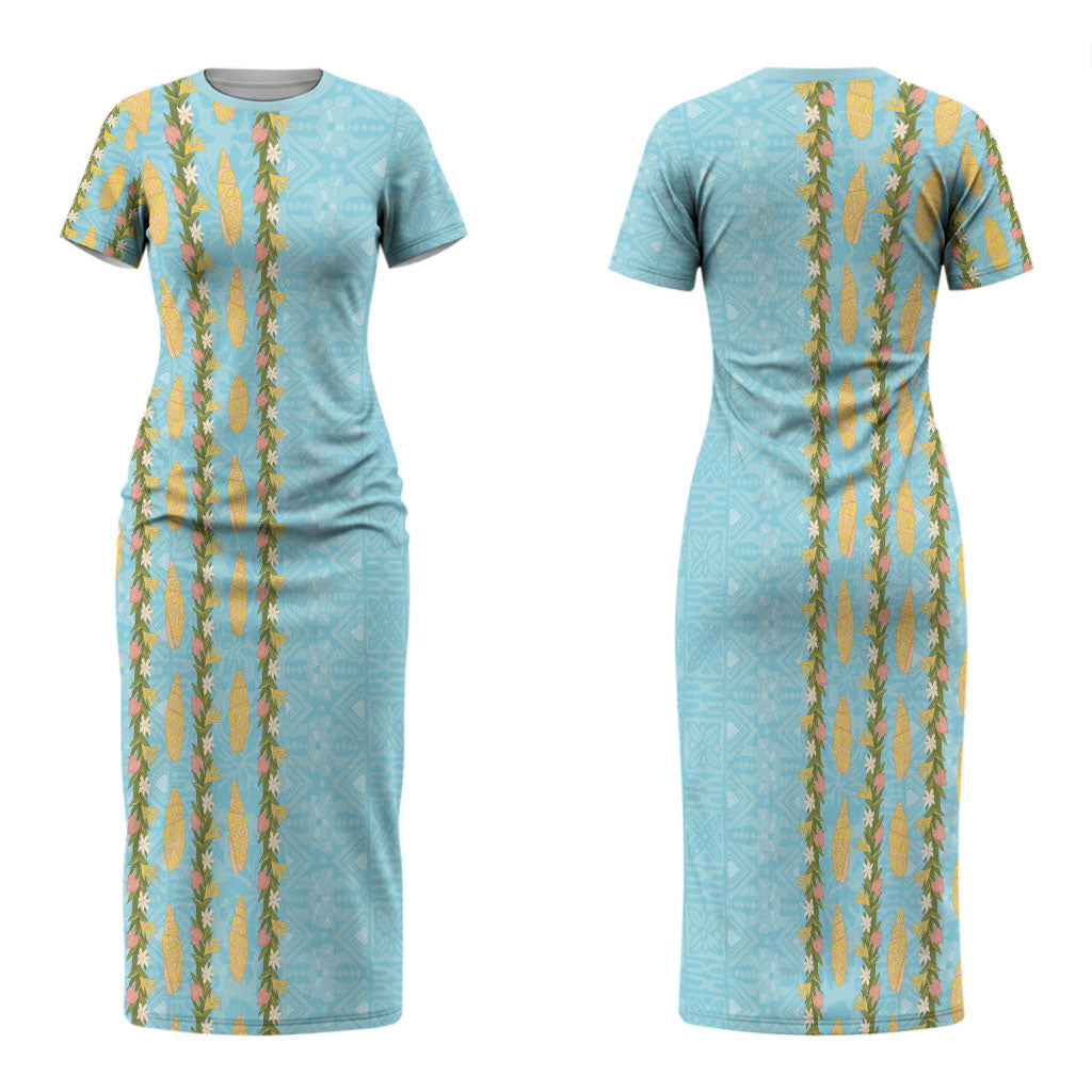Hawaii Shell Tiare Anthurium Heliconia Lei Couples Matching Short Sleeve Bodycon Dress and Long Sleeve Button Shirt With Tapa Pattern Baby Blue LT05 - Polynesian Pride