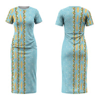 Hawaii Shell Tiare Anthurium Heliconia Lei Couples Matching Short Sleeve Bodycon Dress and Long Sleeve Button Shirt With Tapa Pattern Baby Blue LT05 - Polynesian Pride