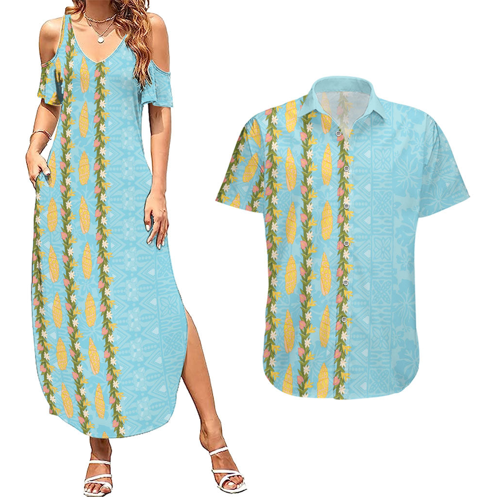 Hawaii Shell Tiare Anthurium Heliconia Lei Couples Matching Summer Maxi Dress and Hawaiian Shirt With Tapa Pattern Baby Blue LT05 Blue - Polynesian Pride