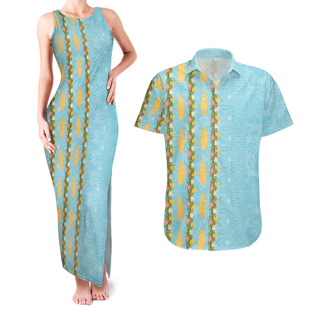 Hawaii Shell Tiare Anthurium Heliconia Lei Couples Matching Tank Maxi Dress and Hawaiian Shirt With Tapa Pattern Baby Blue LT05 Blue - Polynesian Pride