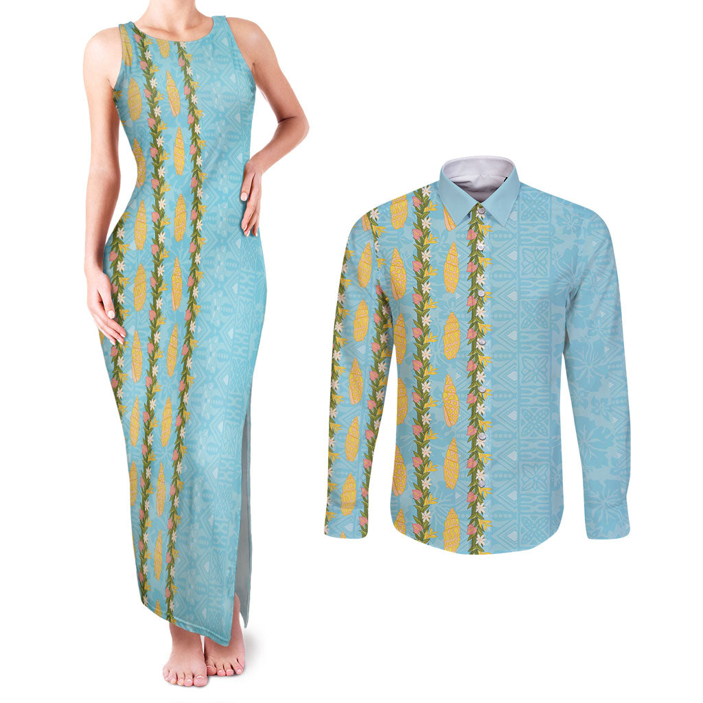 Hawaii Shell Tiare Anthurium Heliconia Lei Couples Matching Tank Maxi Dress and Long Sleeve Button Shirt With Tapa Pattern Baby Blue