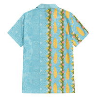 Hawaii Shell Tiare Anthurium Heliconia Lei Family Matching Long Sleeve Bodycon Dress and Hawaiian Shirt With Tapa Pattern Baby Blue