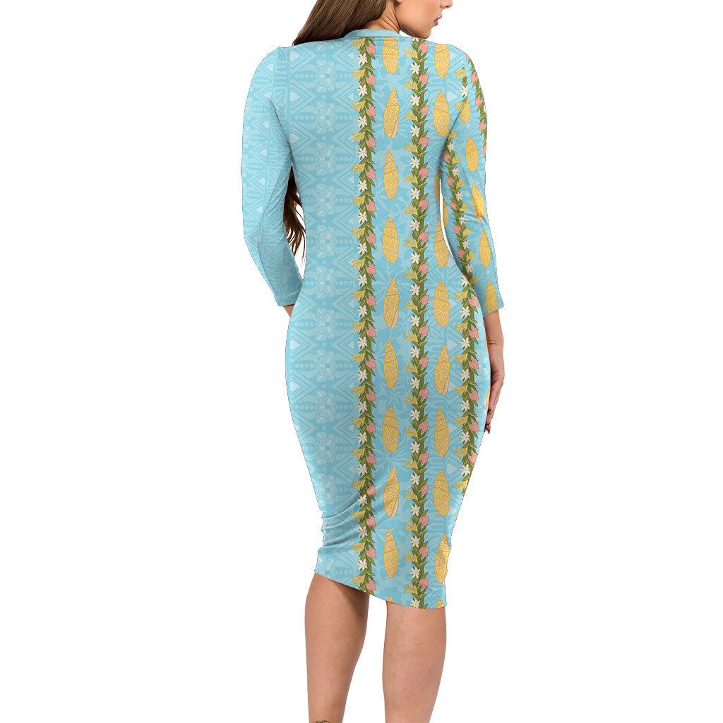 Hawaii Shell Tiare Anthurium Heliconia Lei Family Matching Long Sleeve Bodycon Dress and Hawaiian Shirt With Tapa Pattern Baby Blue
