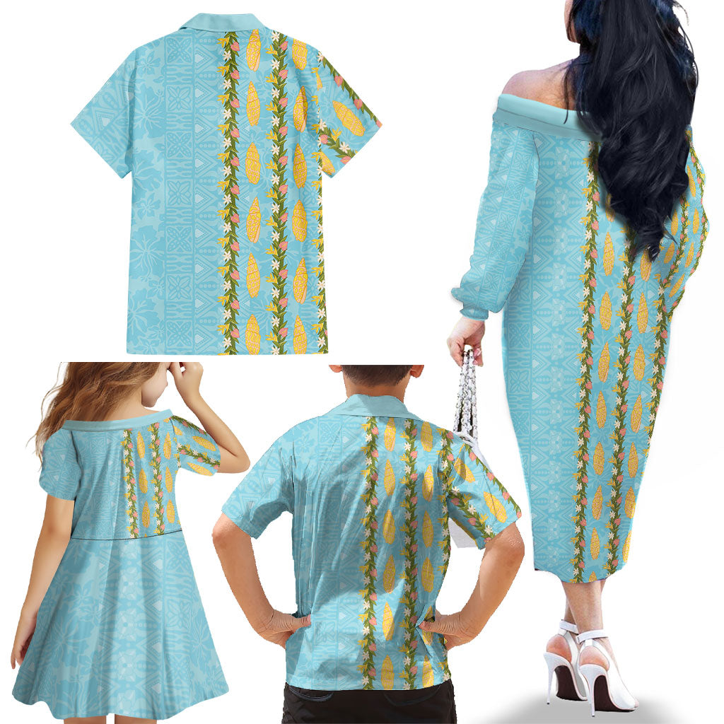 Hawaii Shell Tiare Anthurium Heliconia Lei Family Matching Off The Shoulder Long Sleeve Dress and Hawaiian Shirt With Tapa Pattern Baby Blue