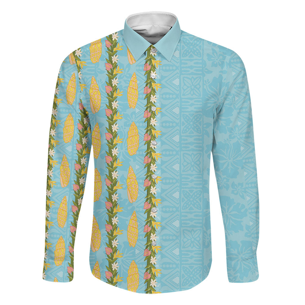Hawaii Shell Tiare Anthurium Heliconia Lei Family Matching Off The Shoulder Long Sleeve Dress and Hawaiian Shirt With Tapa Pattern Baby Blue