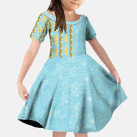 Hawaii Shell Tiare Anthurium Heliconia Lei Family Matching Off Shoulder Short Dress and Hawaiian Shirt With Tapa Pattern Baby Blue