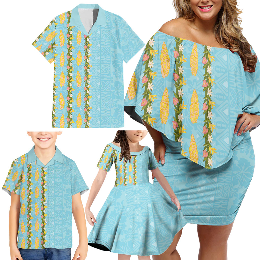 Hawaii Shell Tiare Anthurium Heliconia Lei Family Matching Off Shoulder Short Dress and Hawaiian Shirt With Tapa Pattern Baby Blue LT05 - Polynesian Pride