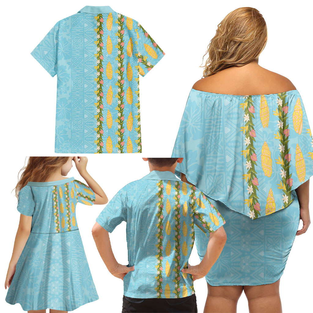 Hawaii Shell Tiare Anthurium Heliconia Lei Family Matching Off Shoulder Short Dress and Hawaiian Shirt With Tapa Pattern Baby Blue
