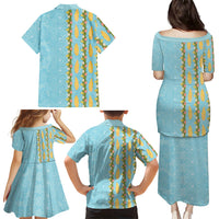 Hawaii Shell Tiare Anthurium Heliconia Lei Family Matching Puletasi and Hawaiian Shirt With Tapa Pattern Baby Blue